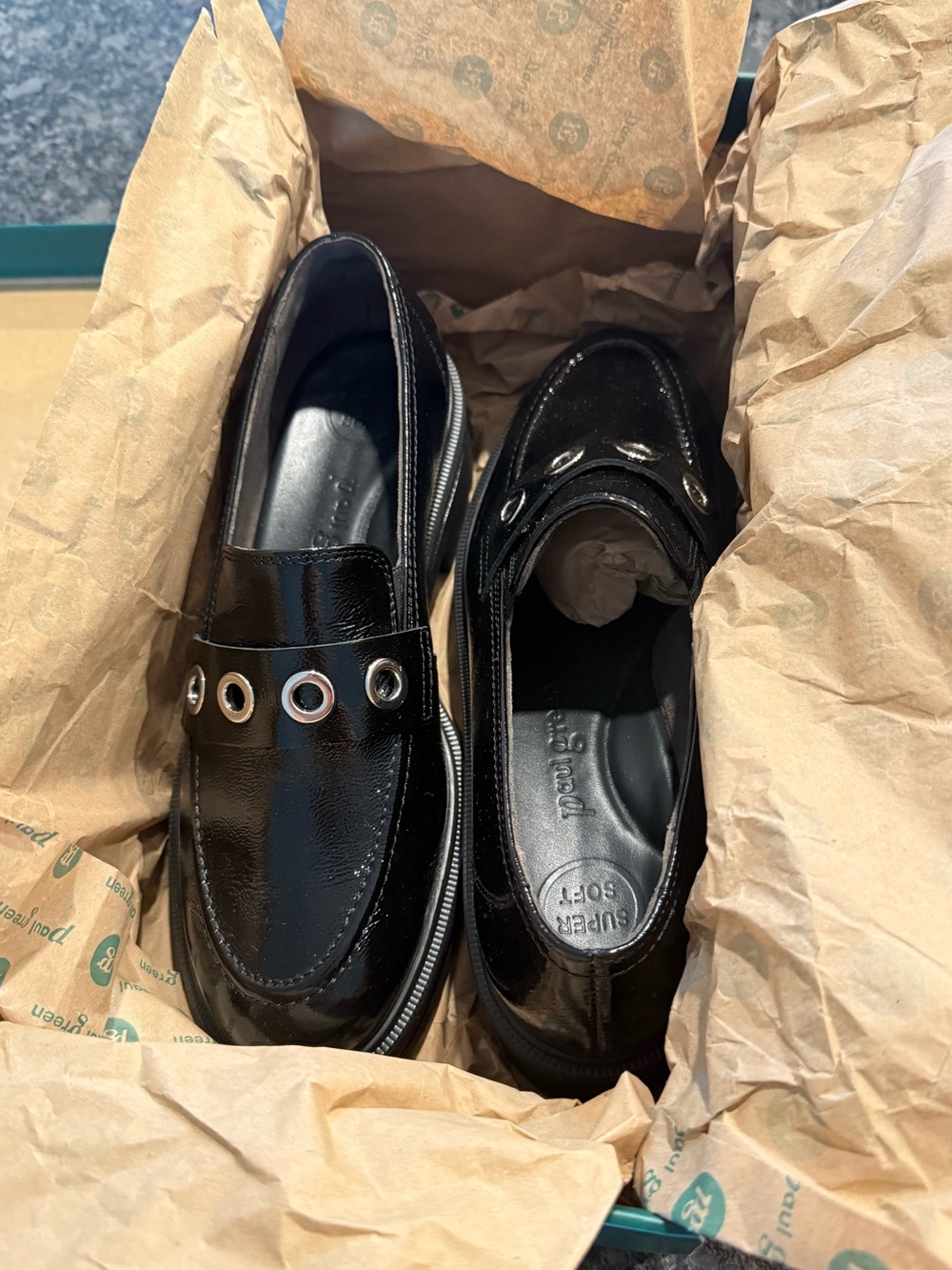 Paul Green Black Patent Loafers with Silver Eyelets
